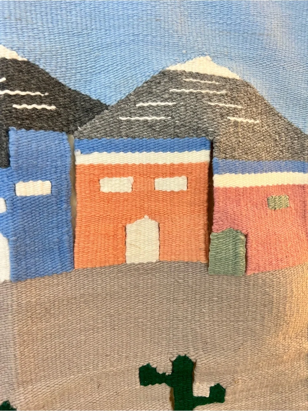 Vintage Hand Woven 3-D Mexican Village Tapestry Southwest Rug Wall Hanging